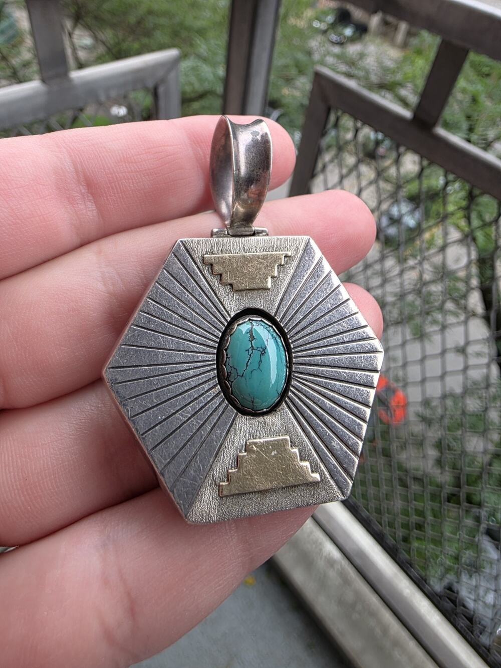 Vintage Navajo Herbert Tsosie 14k Gold Sterling Silver 925 Turquoise Pendant
